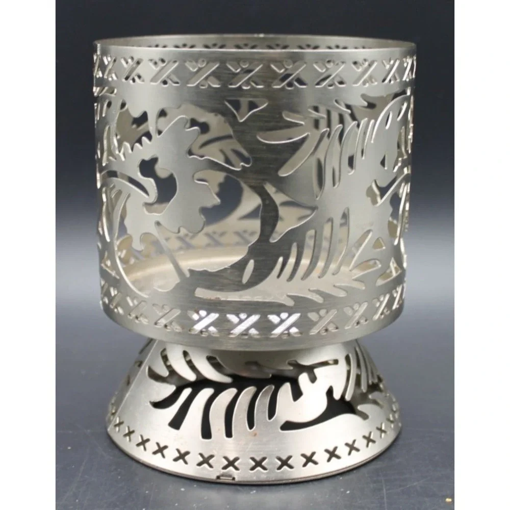 Bath & Body Works 3 Wick Candle Holder Pedestal Tropical Leaf Cutout Silver